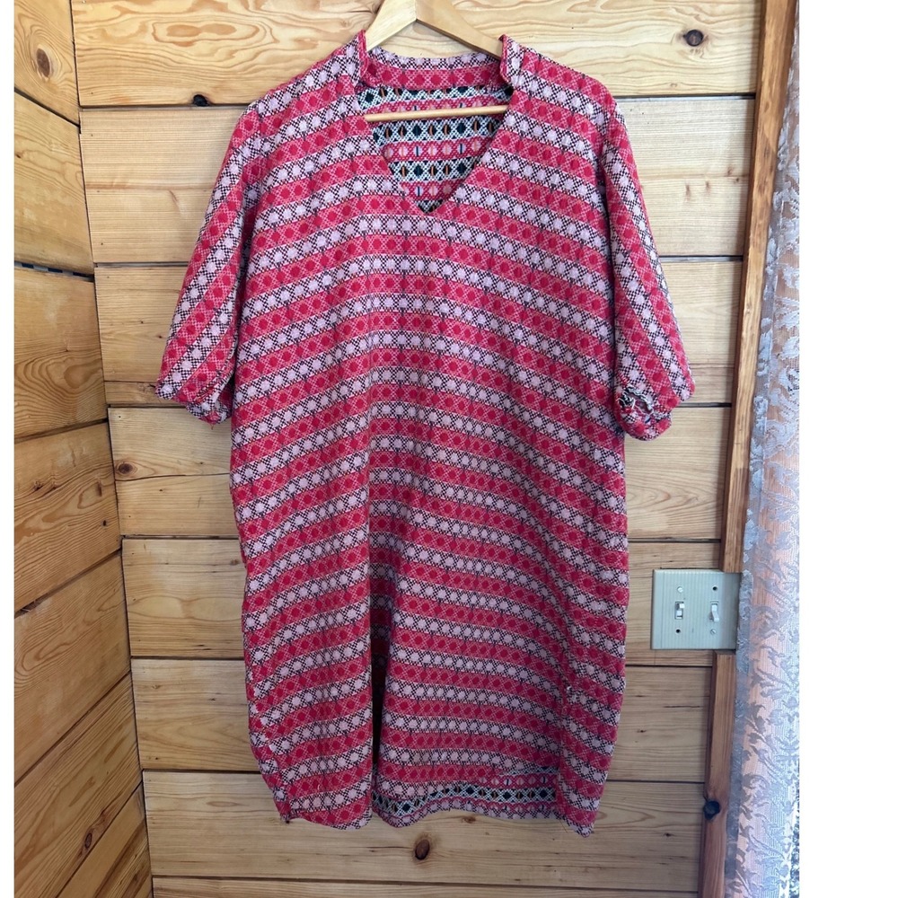 Vintage Caftan Tunic Dress Womens Large Red Geometric Tribal Pattern Boho Chic